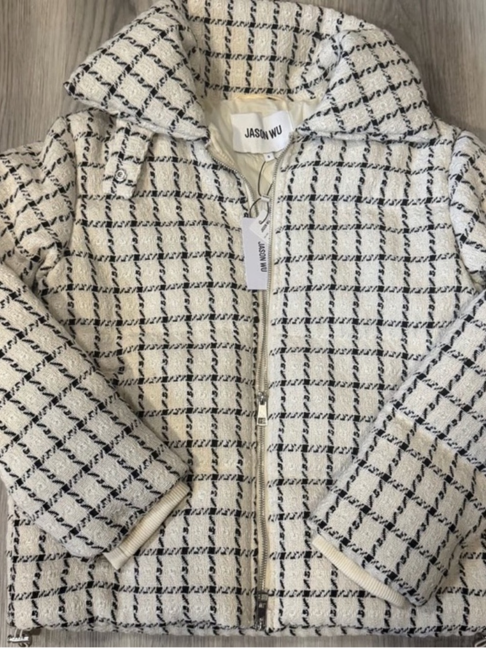 Jason Wu Cream and Black Windowpane Tweed Zip-Up Jacket